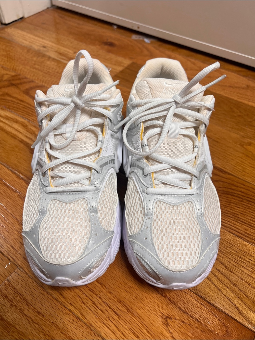 Nike Women's White and Light Gray Mesh Sneakers with Subtle Yellow Trim